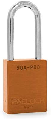 PACLOCK's 90A-PRO Padlock, 1/4" Diameter Hard. Steel Shackle, 2" Tall, High Performance 7-Pin Cylinder w/ 1 Key, Keyed Differently, Orange