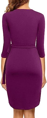 Berydress Women's 3/4 Sleeve V Neck Casual Party Work Faux Black Wrap Dress