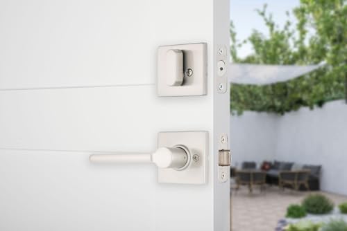 BRINKS Contemporary Keyed Entry Door Handleset with Lever and Deadbolt, Modern Front Door Lock Set, Easy Install, Pick-Resistant (Straight Lever, Satin Nickel)