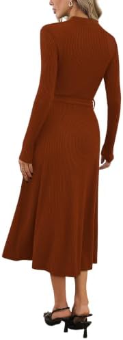 OFEEFAN Long Sleeve Dress Mock Neck Tie Waist Ribbed Knit Midi Dresses Fall Outfits