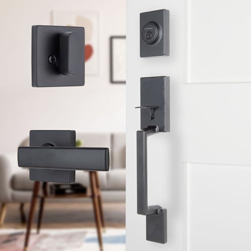 BRINKS Contemporary Keyed Entry Door Handleset with Lever and Deadbolt, Modern Front Door Lock Set, Easy Install, Pick-Resistant (Flat Lever, Tuscan Bronze)