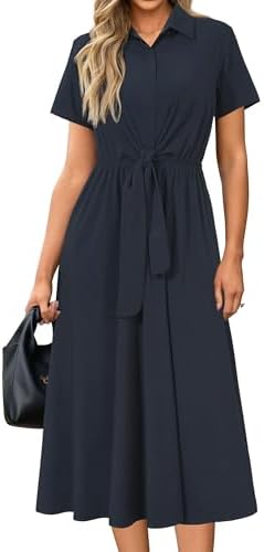Newshows Women's Work Business Casual Outfits Tie Waist Midi Shirt Dress