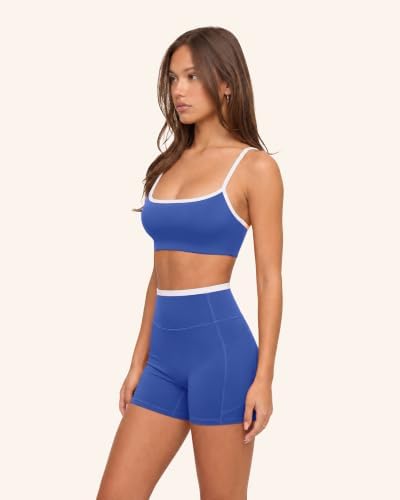 SUUKSESS Women 2 Piece Workout Sets Padded Halter Sports Bras High Waisted Biker Shorts with Pockets