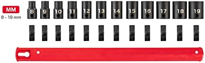 TEKTON 3/8 Inch Drive Impact Socket Set, 12-Piece | SID91110 | (8 - 19 mm), Shallow, 12-Point, Socket Rail