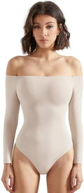SUUKSESS Women Off Shoulder Long Sleeve Bodysuits Double Lined Basic Tops