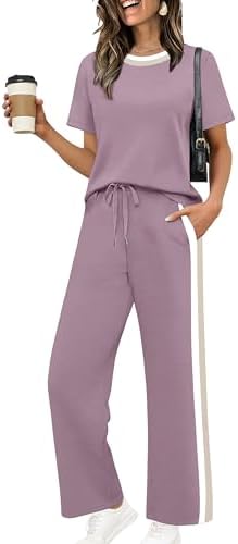 WIHOLL 2 Piece Lounge Sets for Women Matching Set Summer Outfits Short Sleeve Tops Wide Leg Pants with Pockets