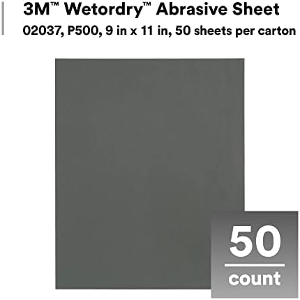 3M Wetordry Abrasive Sheet 02037, 500+ Grit, 9 in x 11 in, Pack of 50 Sandpaper Sheets for Auto Sanding, Metal Sanding, Finishing, Paint Prep