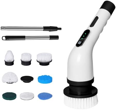 Cordless Cleaning Brush Scrubber for Home, Electric Spin Scrubber, 9 Replaceable Brush Heads, 50Mins Work Time, 3 Adjustable Size, 3 Strong Speeds for Bathroom Shower Bathtub Car Glass, Black Color