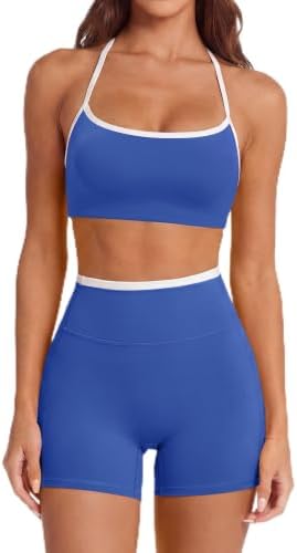 SUUKSESS Women 2 Piece Workout Sets Padded Halter Sports Bras High Waisted Biker Shorts with Pockets