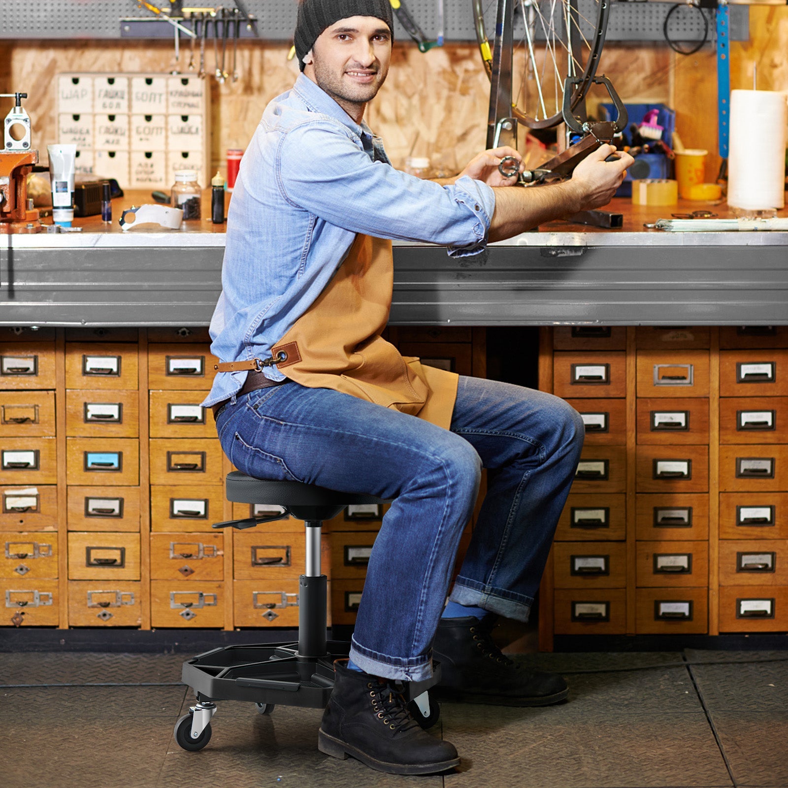 330 LBS Capacity Pneumatic Rolling Mechanic Stool with Padded Seat