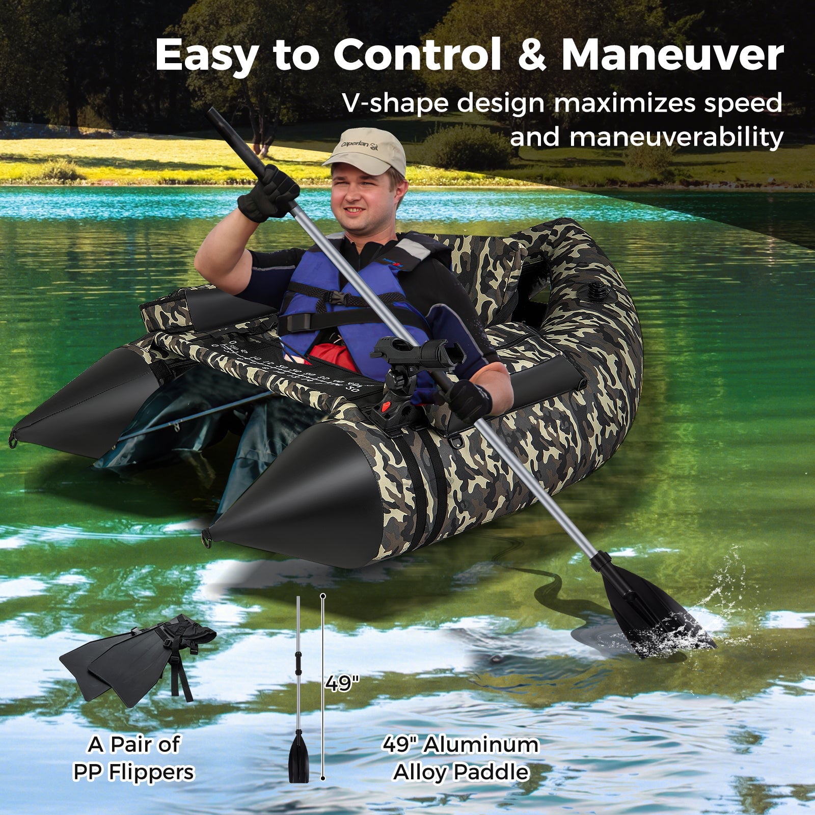 350 LBS Inflatable Fishing Float Tube with Adjustable Backrest and Backpack Straps-Camouflage