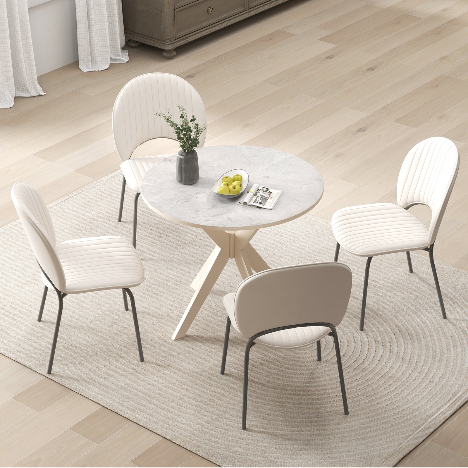 36-Inch Mid Century Modern Kitchen Table with Faux Marble Tabletop and Solid Rubber Wood Legs