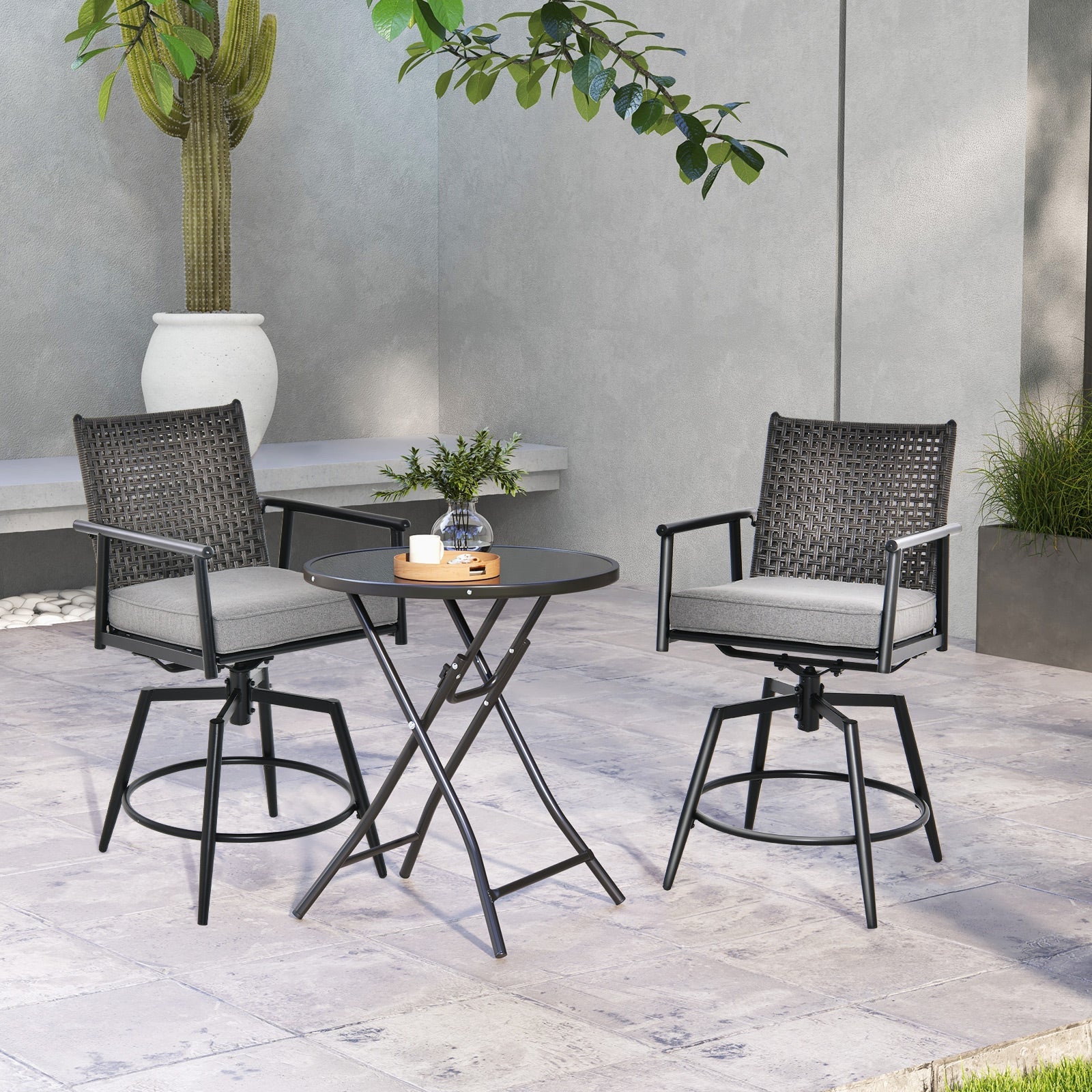 360 Degree Swivel Bar Stool Set of 2 with Metal Frame and PE Rattan Backrest-Black