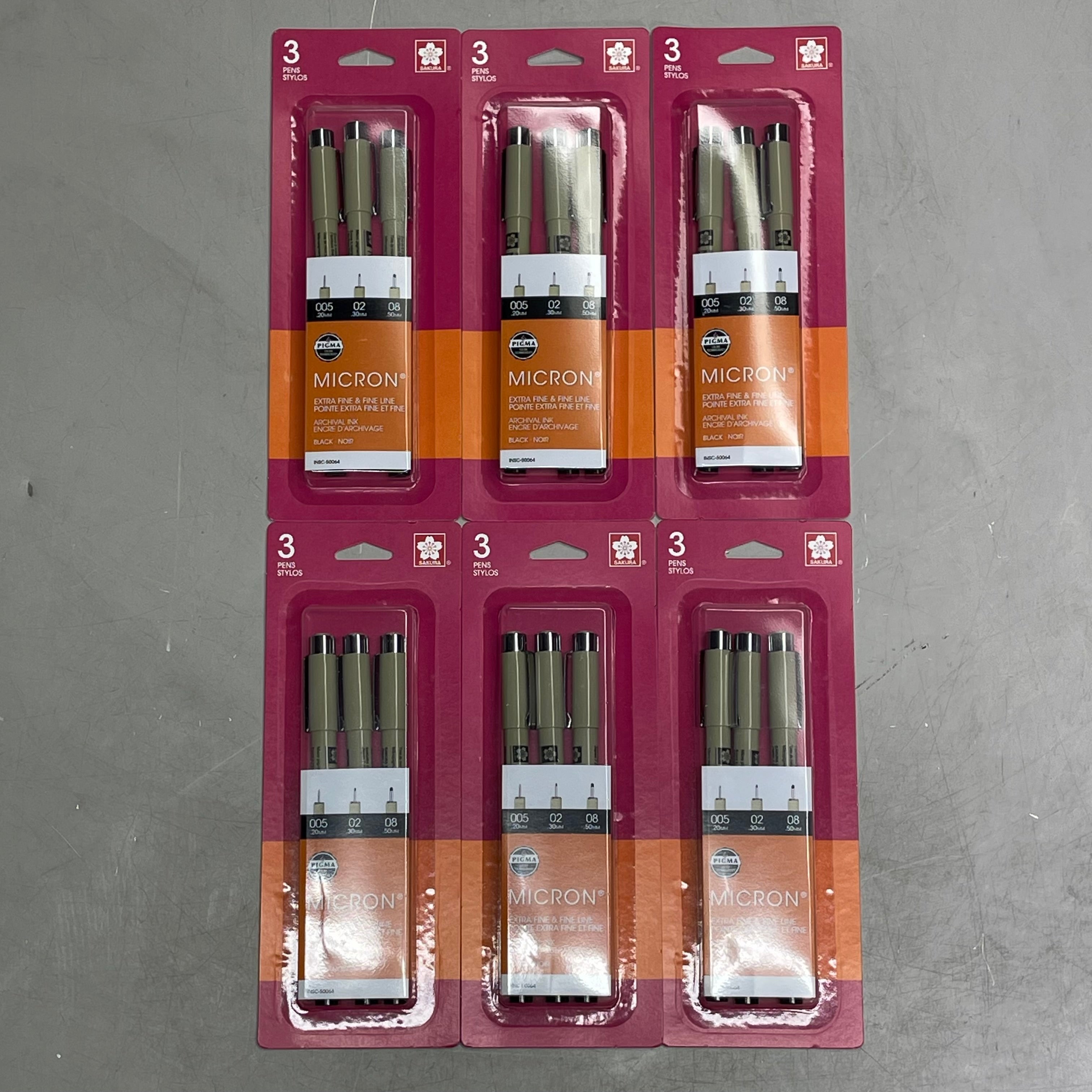 SAKURA (6-PACK) Pigma Micron Pens 0.20mm, 0.30mm, 0.50mm Black 50064