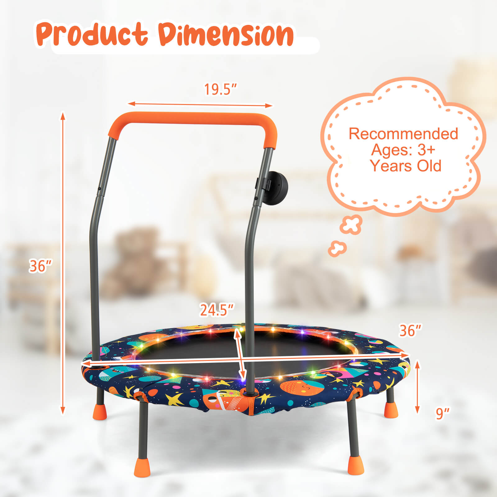 36 Inch Mini Trampoline with Colorful LED Lights and Bluetooth Speaker