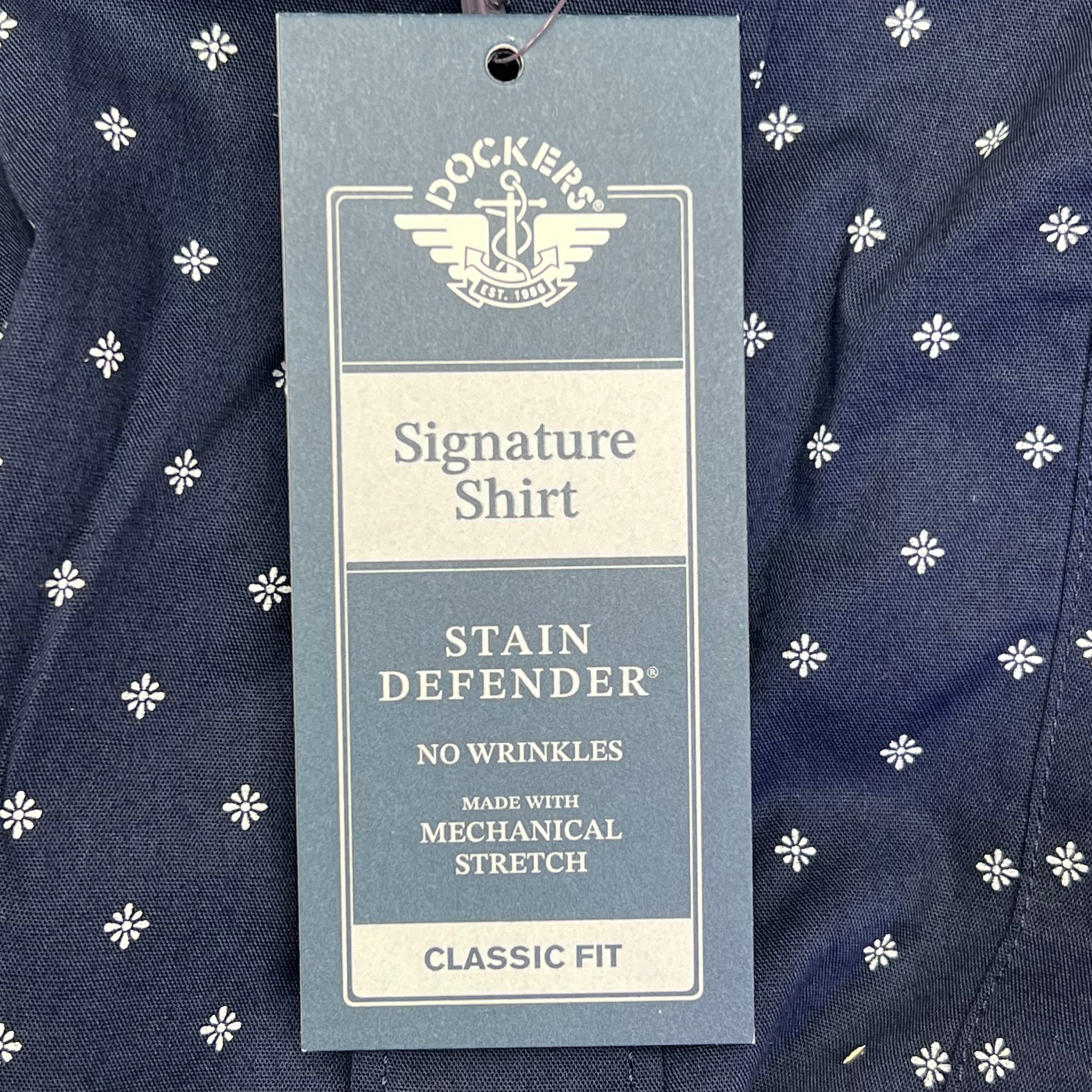 DOCKERS Stain Defender Button Up Shirt Daisy Pattern Men's Sz XXL Navy Blue