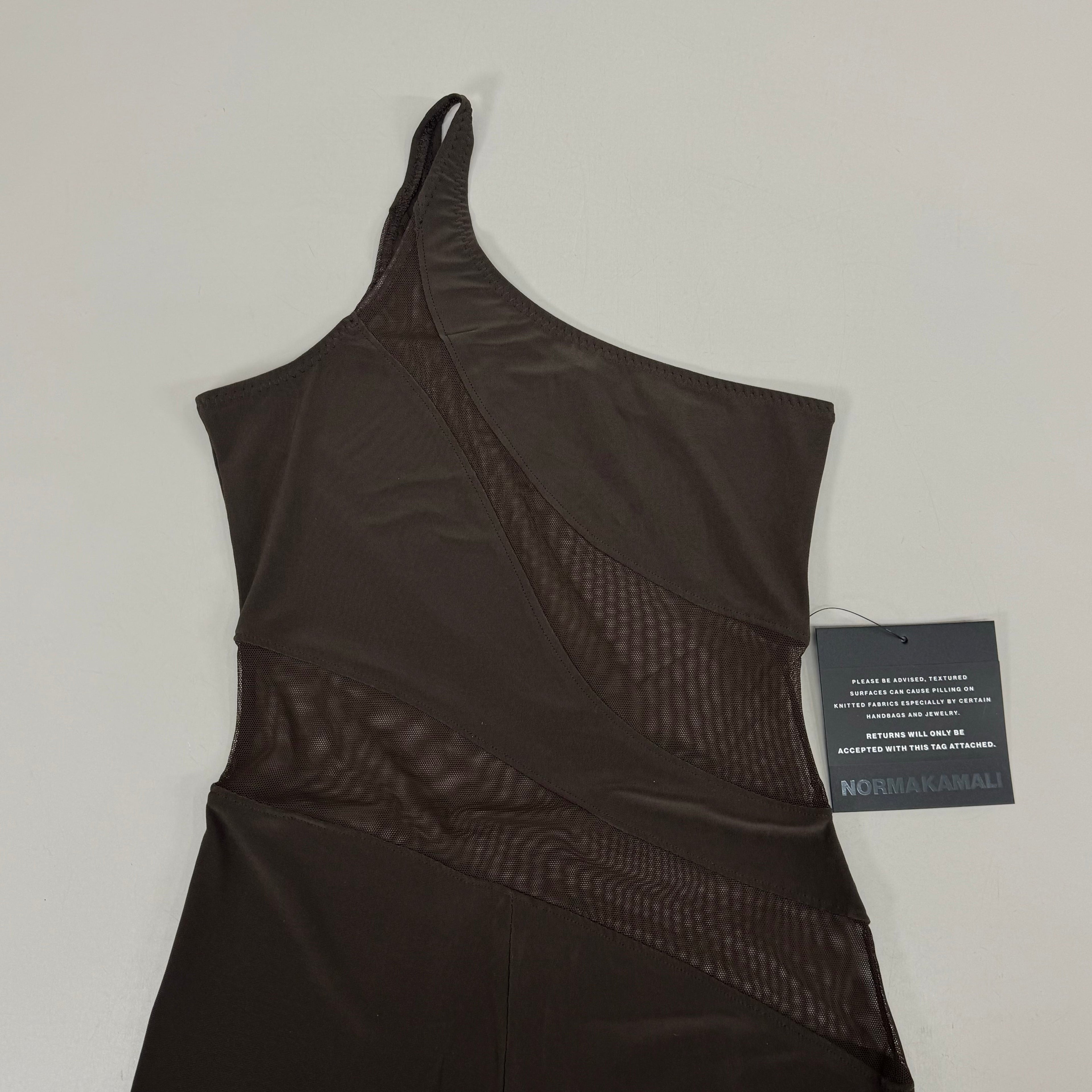 NORMA KAMALI One Shoulder Snake Mesh Catsuit Footsie Women's Sz XXS/32 Chocolate