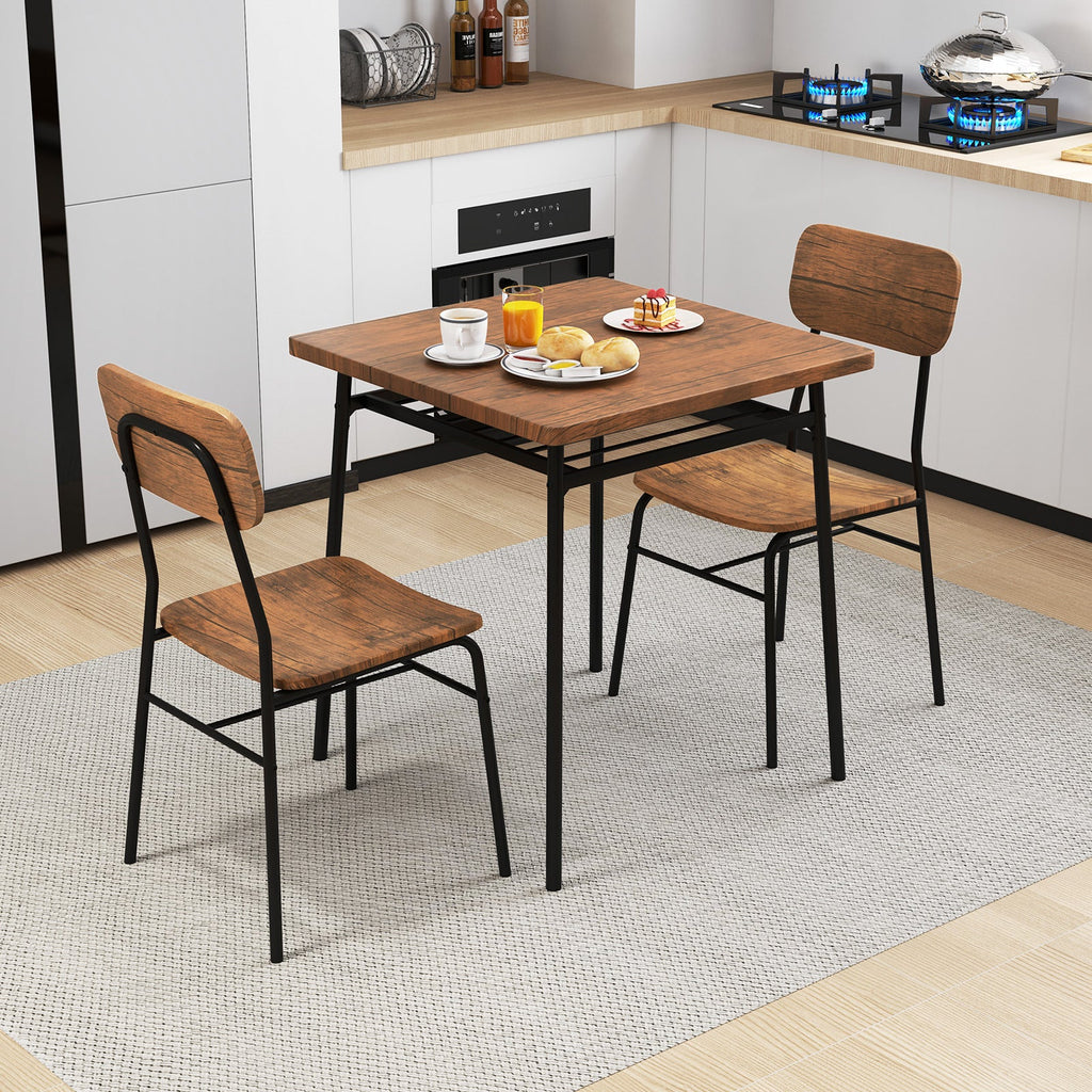 3 Piece Dining Table Set for 2 Wood Square Table with Metal Frame-Brown