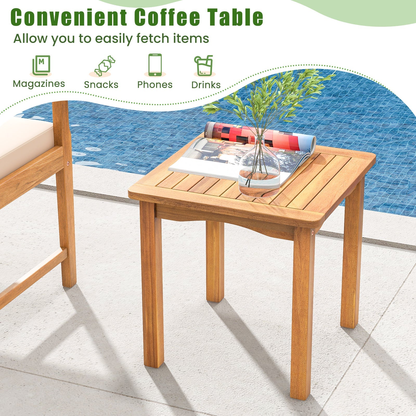 3 Piece Wood Patio Furniture Set with Seat Cushions and Acacia Wood Frame