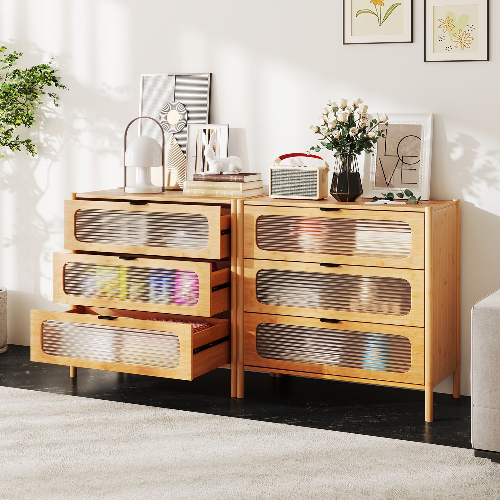 3 Drawer Mid Century Modern Chest of Drawers with Reeded Tempered Glass Front-Natural