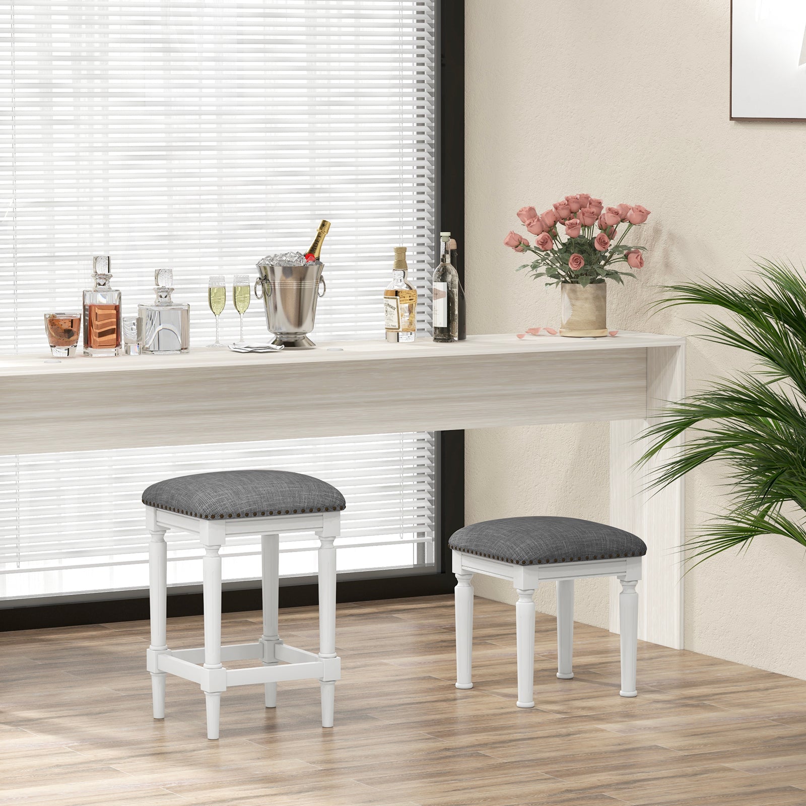 3 Heights Square Saddle Stool Set of 2 with Footrests and Padded Seats-Gray