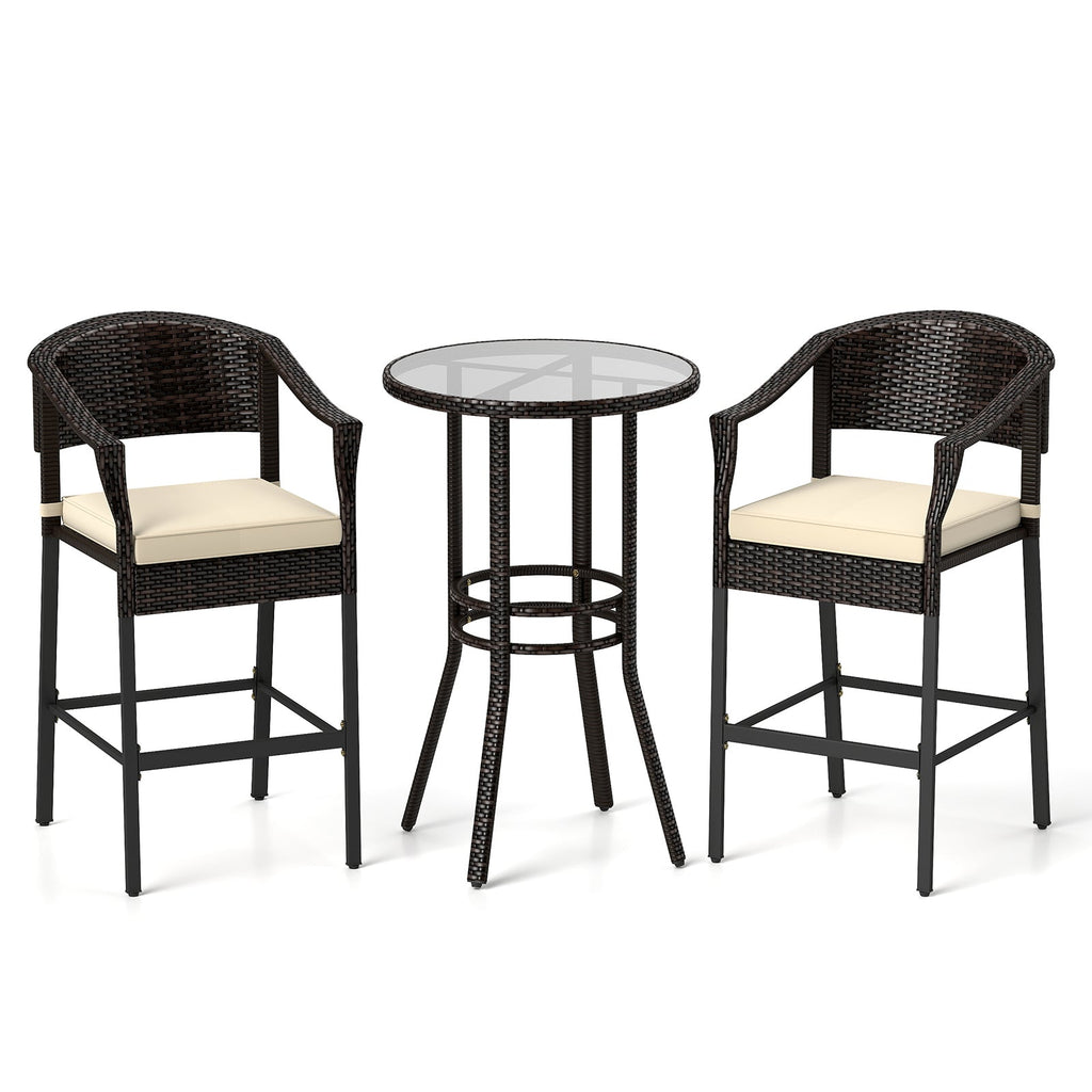 3-Piece Patio Rattan Bar Set with Tempered Glass Top for Backyard Poolside