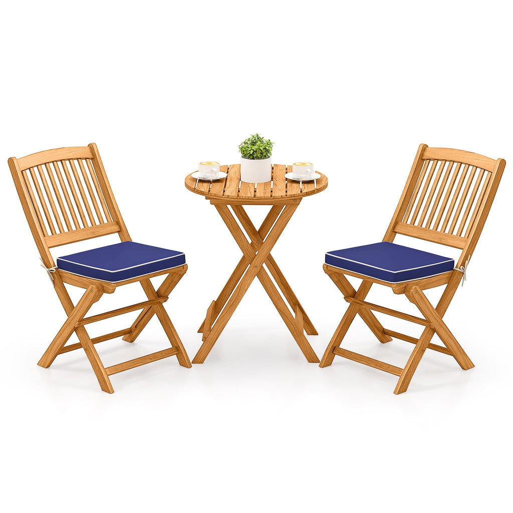 3 Pieces Acacia Wood Patio Folding Bistro Set with Soft Cushions