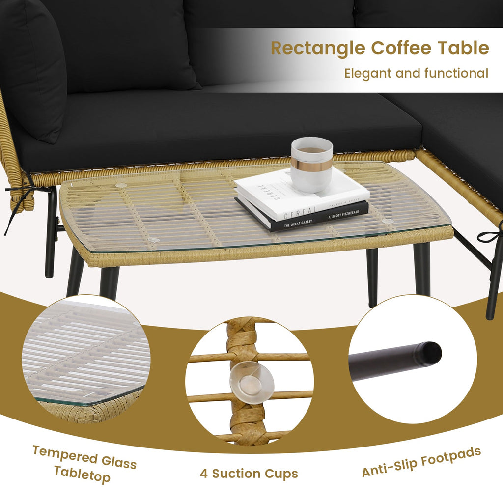 3 Pieces L-Shaped Patio Sofa with Cushions and Tempered Glass Table