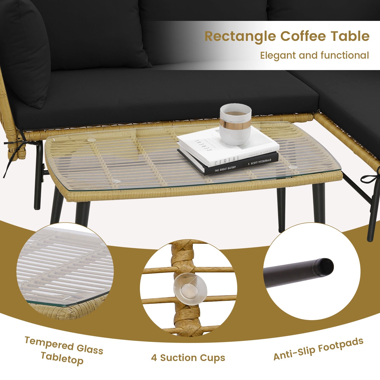 3 Pieces L-Shaped Patio Sofa with Cushions and Tempered Glass Table
