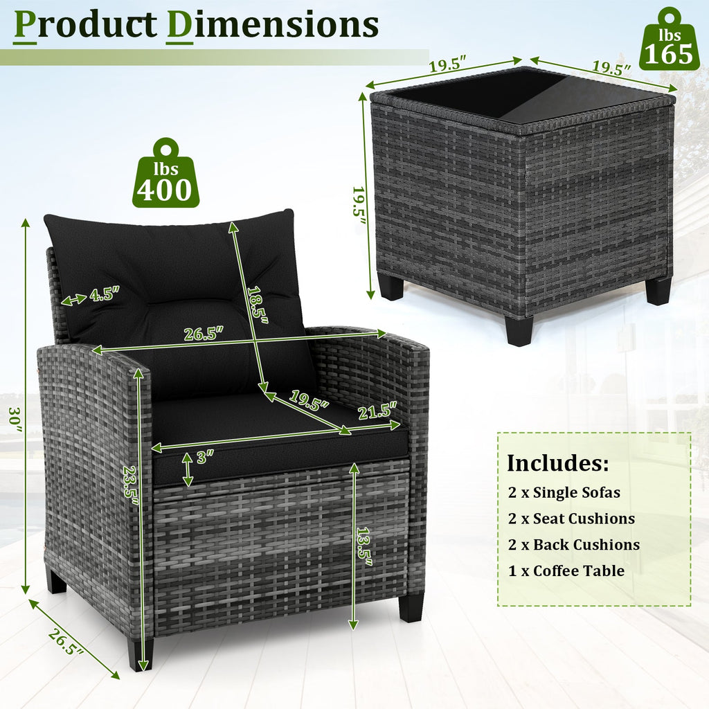3 Pieces Outdoor Wicker Conversation Set with Tempered Glass Tabletop
