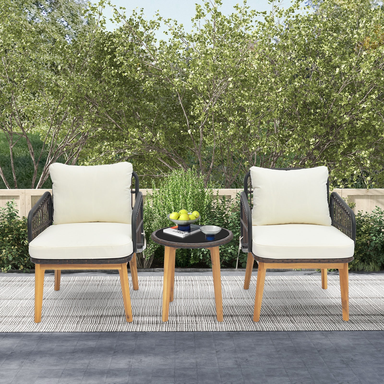 3 Pieces Patio Furniture Set with Cushioned Chairs and Tempered Glass Side Table