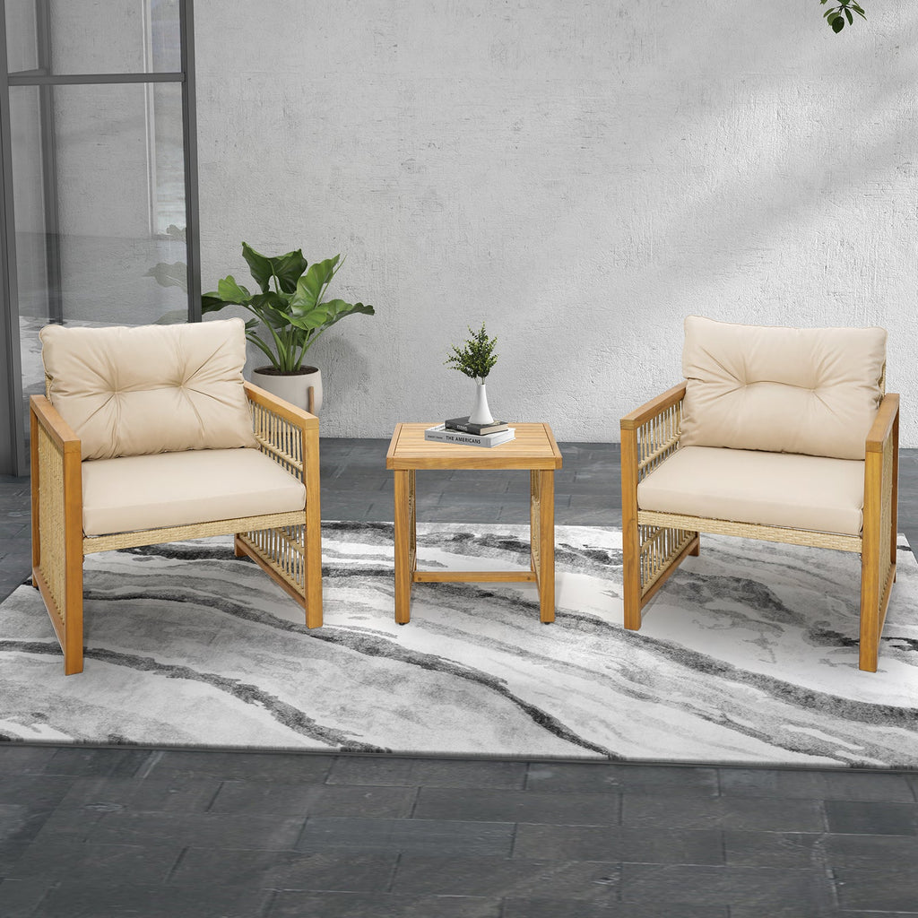 3 Pieces Patio PE Wicker Conversation Set with Acacia Wood Frame and Cushions-Beige