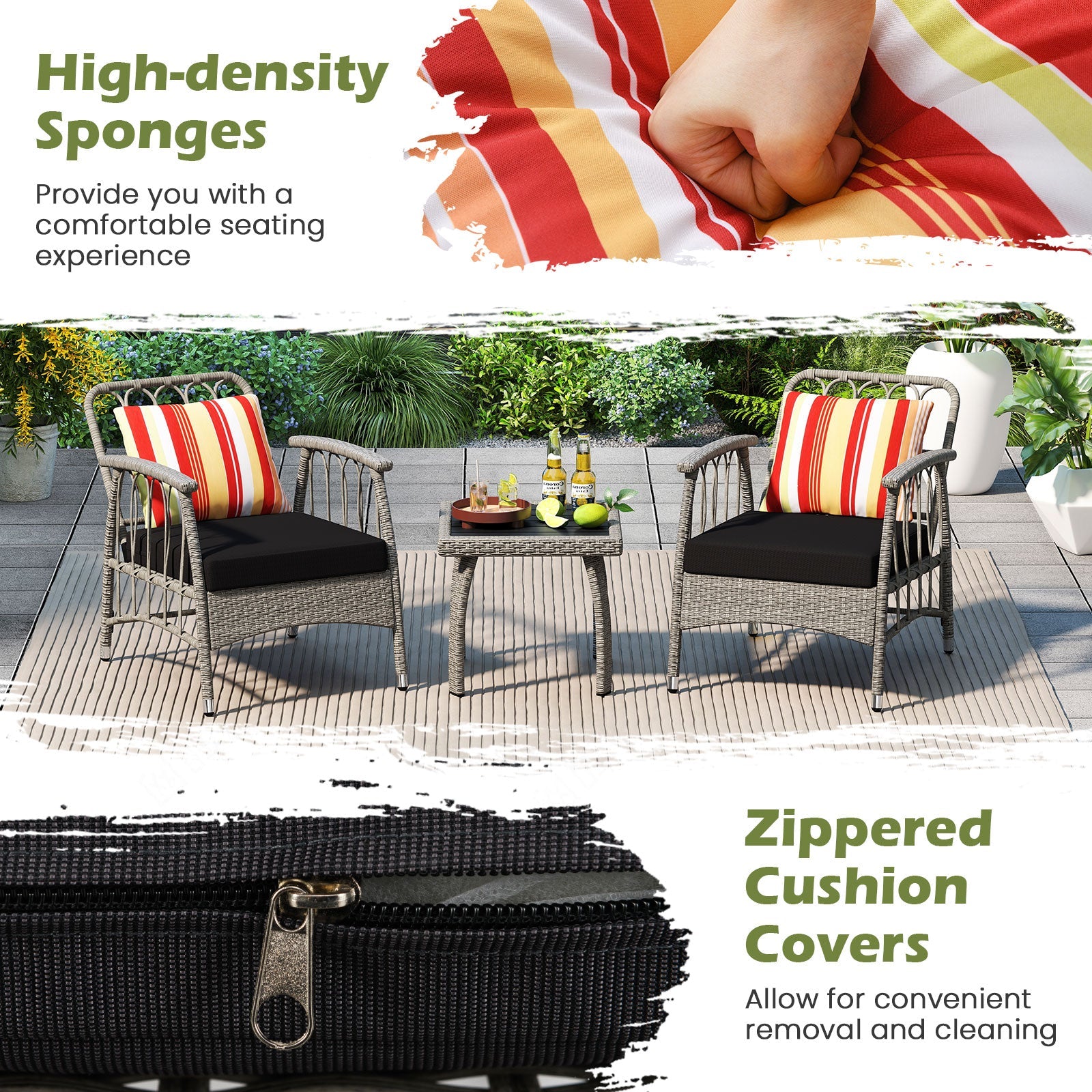 3 Pieces Patio PE Wicker Furniture Set with 5-Level Adjustable Backrest-Gray