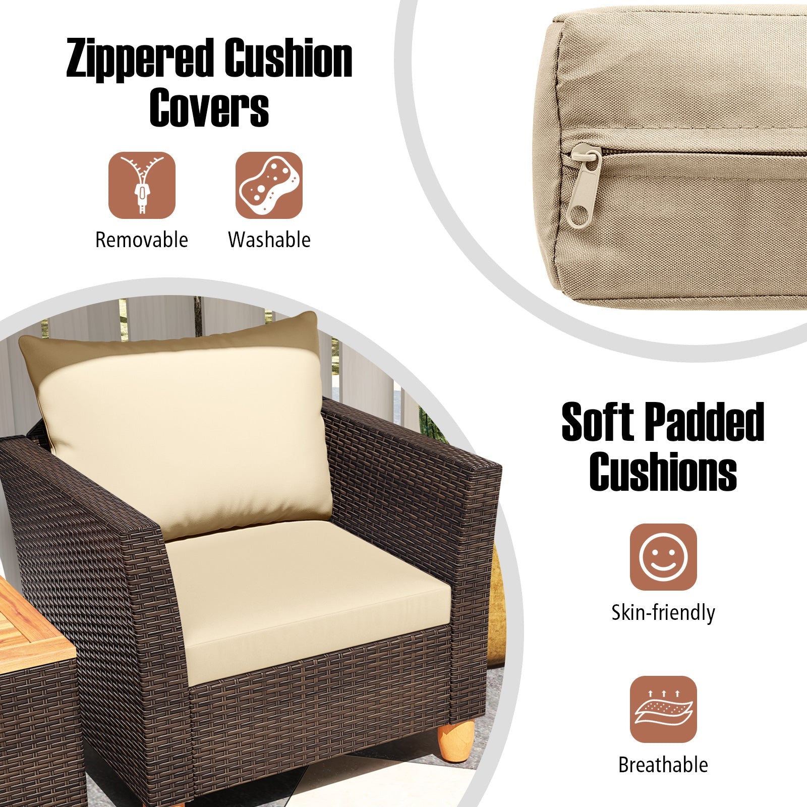 3 Pieces Patio Rattan Bistro Furniture Set with Wooden Table Top