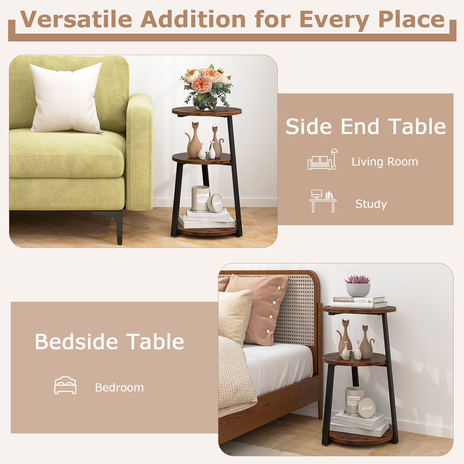 3-Tier Accent Round Side Table with Metal Frame