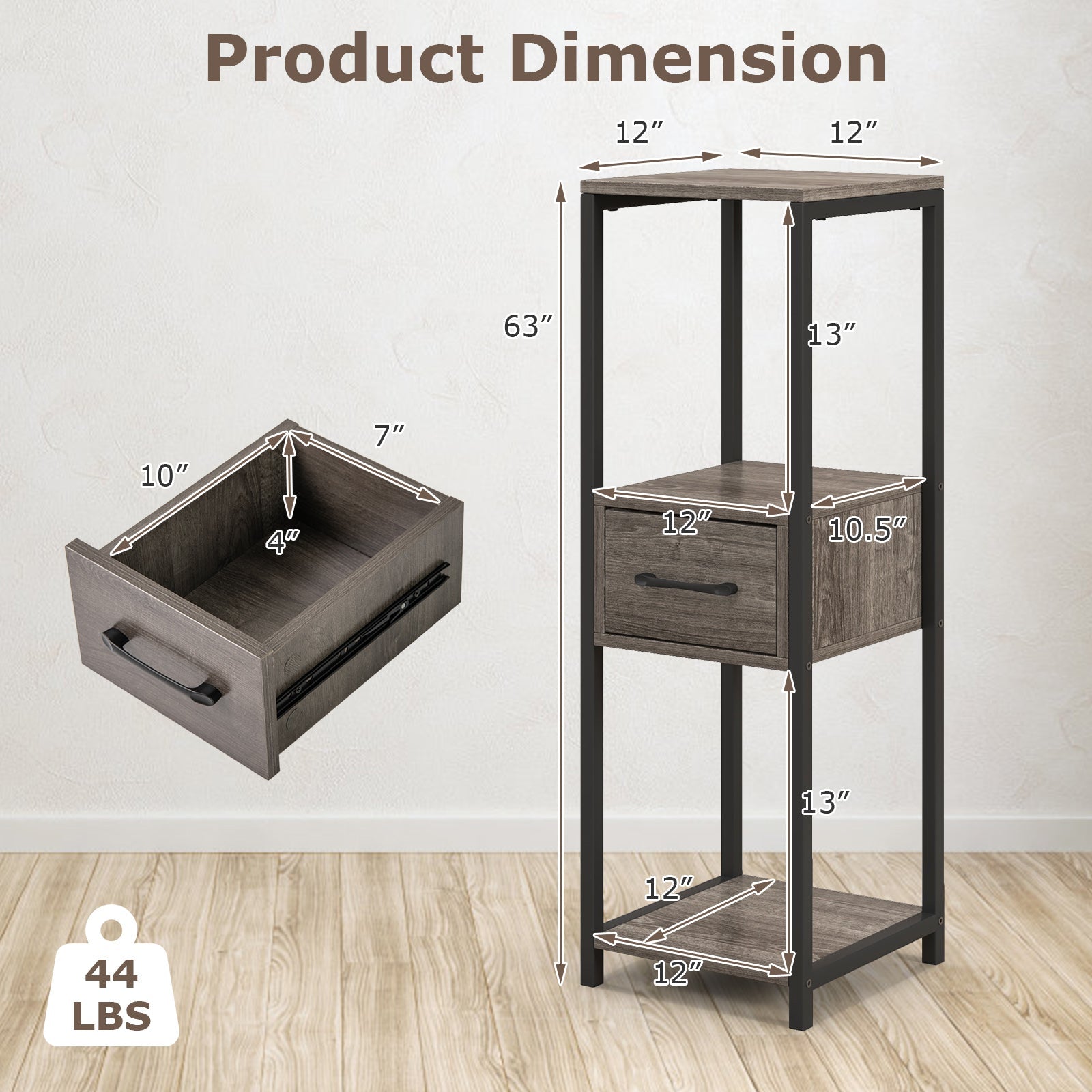 3 Tier Tall Metal Plant Stand with Drawer for Balcony Office-Gray