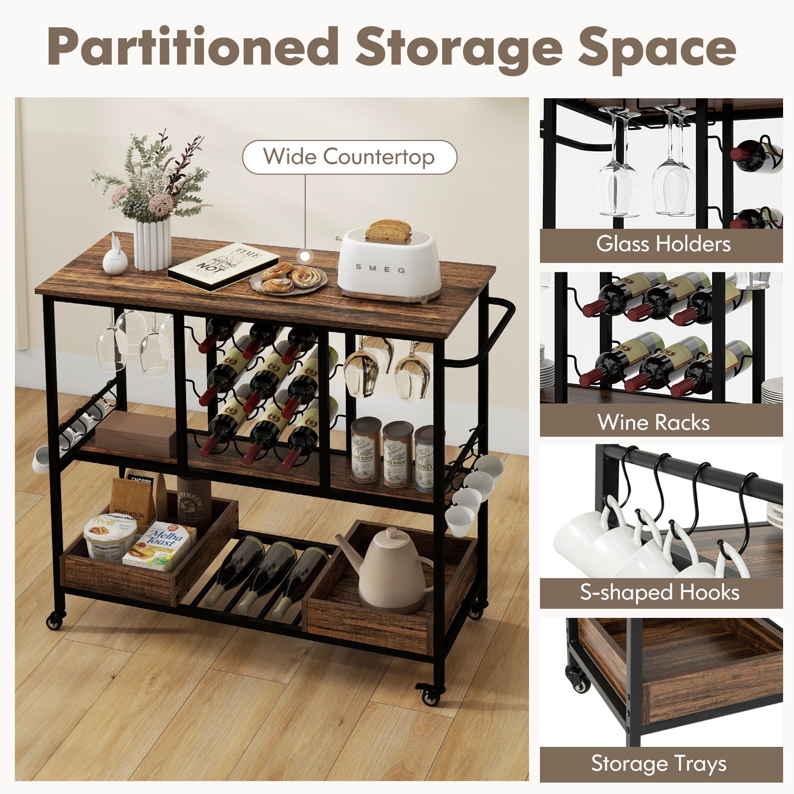 3 Tiers Bar Cart on Wheels with Glass Racks