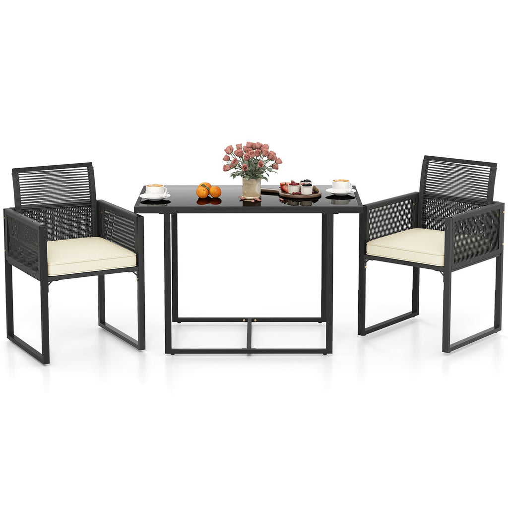 3 Pieces Patio Tempered Glass Top Table and Chairs Set for Porch Backyard-White
