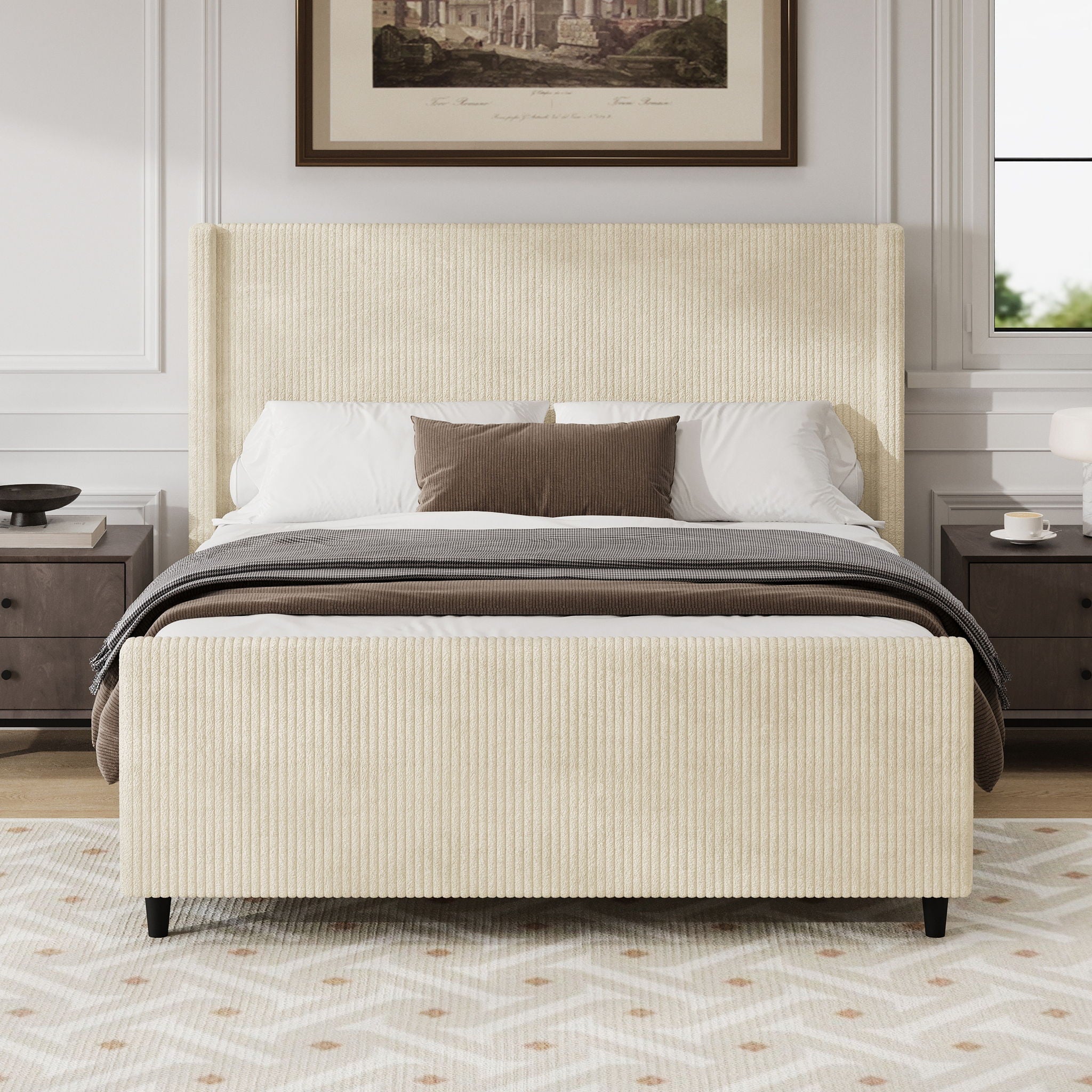 Corduroy Upholstered Bed Frame with Vertical Stripe Wingback and High Footboard