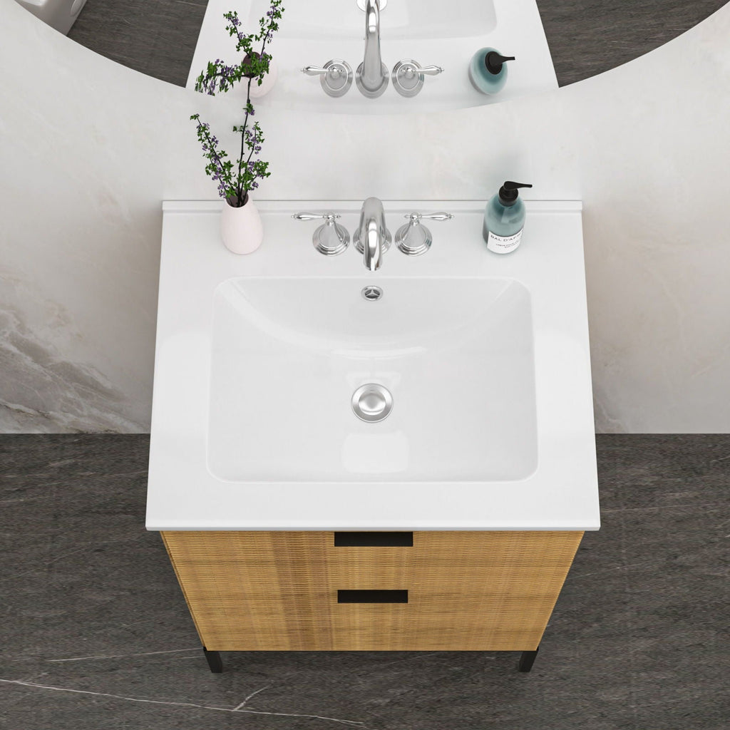 Modern Rectangular Single Vanity Top With Overflow And 3 Faucet Holes - White