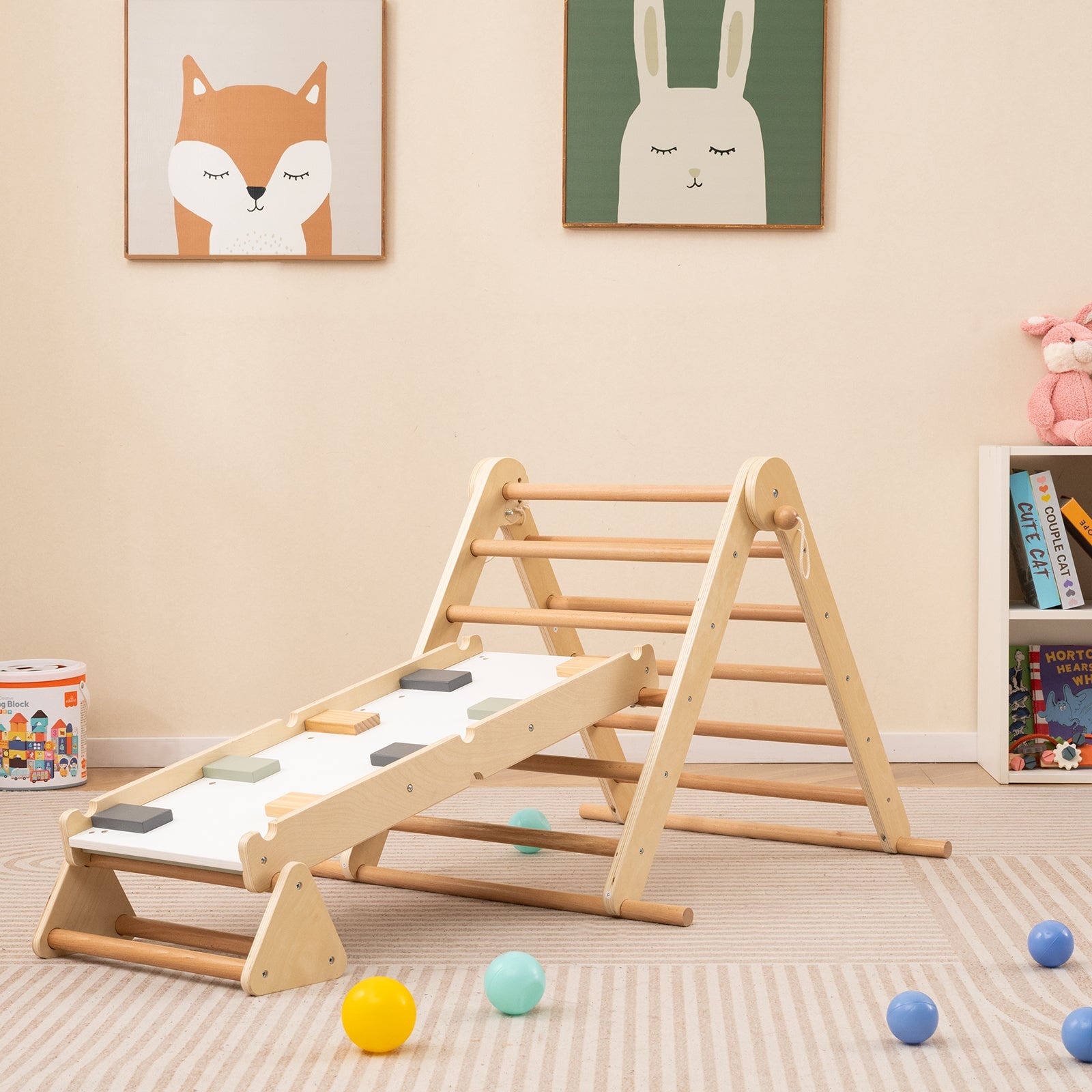 3-in-1 Pikler Triangle Climbing Set Kids Foldable Montessori Toys with Ramp-Natural