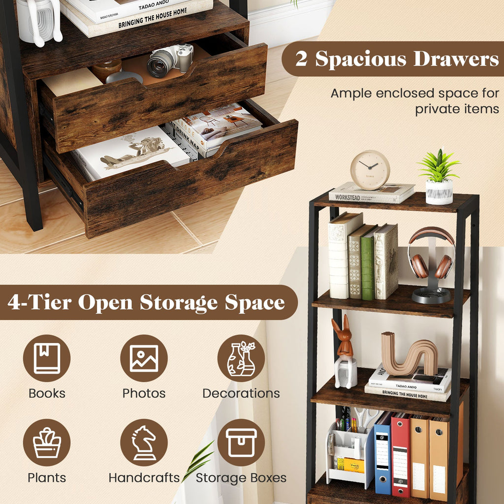 4-Tier Ladder Shelf with 2 Drawers 52.5 Inch Tall Freestanding Bookcase