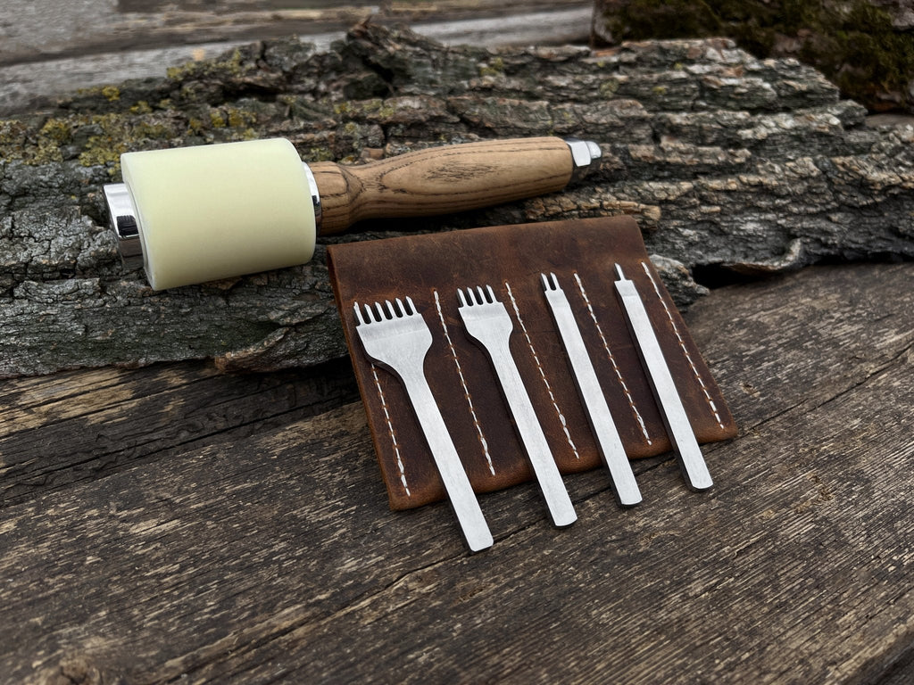 4-Piece Diamond Style Leather Pricking Iron and Leather Nylon Hammer