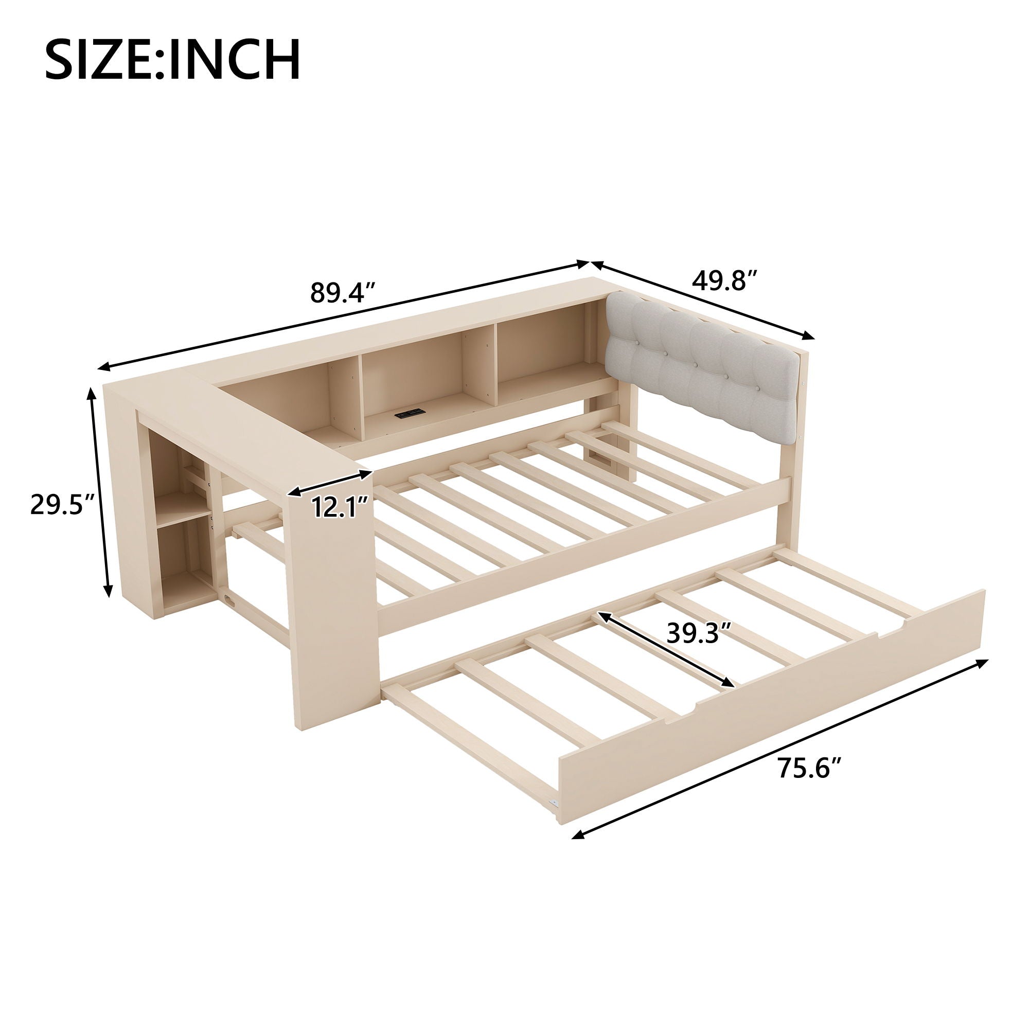 Upholstered Headboard Platform Bed with Storage Shelves, Trundle, and Charging Station