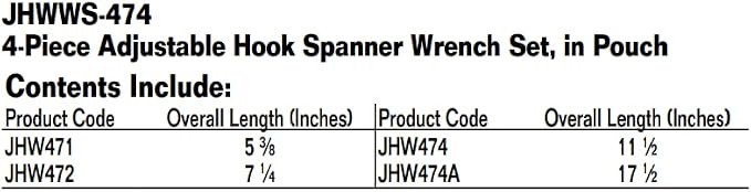 Williams JHWWS-474 4-Piece Adjustable Hook Spanner Wrench Set, Ideal for Adjusting Collars, Lock Nut Rings, and Bearings