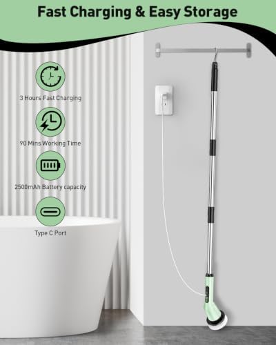 Electric Spin Scrubber for Cleaning Bathroom, Shower Scrubber Cordless Cleaning Brush with IPX7 Waterproof & 2 Speed, 3 Brush Heads, Bathroom Cleaning Supplies for Shower Tub Kitchen Tile Toilet