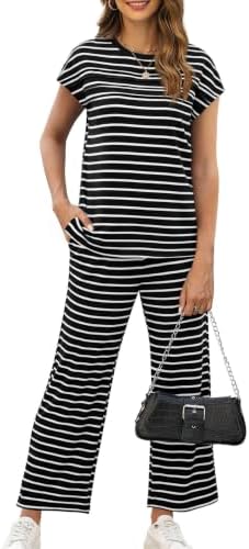 WIHOLL Two Piece Sets for Women Summer Spring Travel Vacation Outfits Cap Sleeve Lounge Matching Sets Wide Leg Pants S-3XL