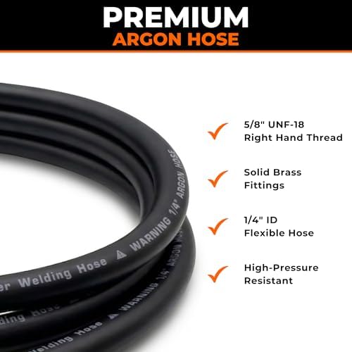 25 ft Argon Inert Gas Welding Hose – 5/8" UNF-18RH Fittings Both Ends – Flexible Rubber Flow Hose for Argon, CO2 and Helium MIG TIG Welding