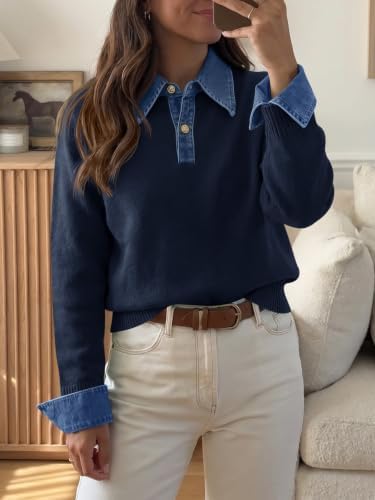 Saodimallsu Womens Denim Patchwork Sweaters V Neck Polo Pullover Tops