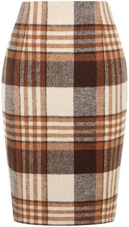 IDEALSANXUN Plaid Skirts for Women Fall Winter Knee Length Pencil Wool Skirt with Slit
